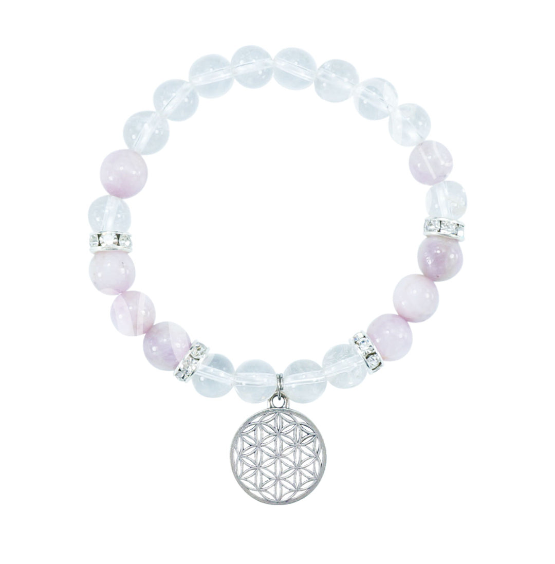 Pulsera de cuarzo cristal y kunzita con dije de flor de la vida (8-8,5 mm) 7,15-7,25"