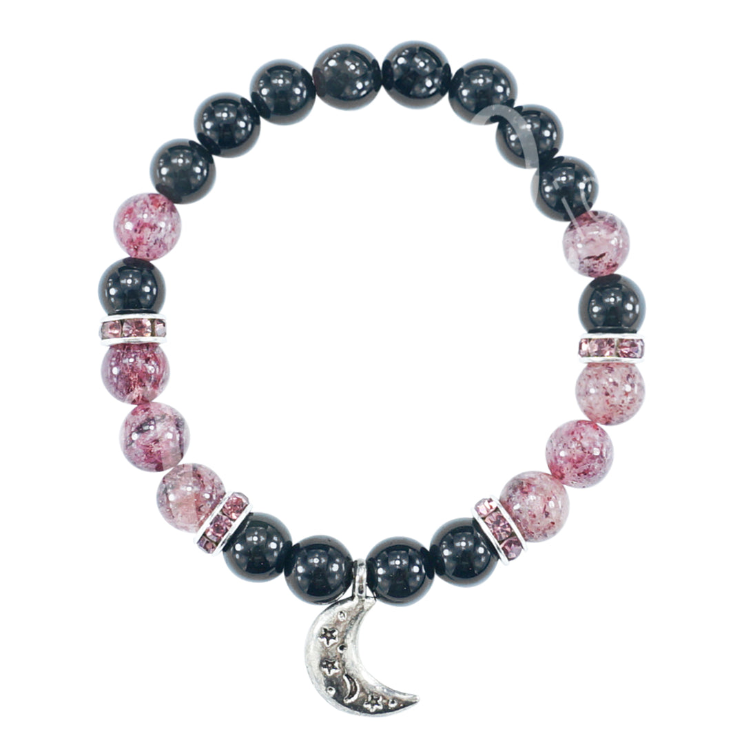 Bracelet Obsidian, Rainbow & Strawberry Quartz with Moon Charm (8-8.5 mm) 7.15-7.25"