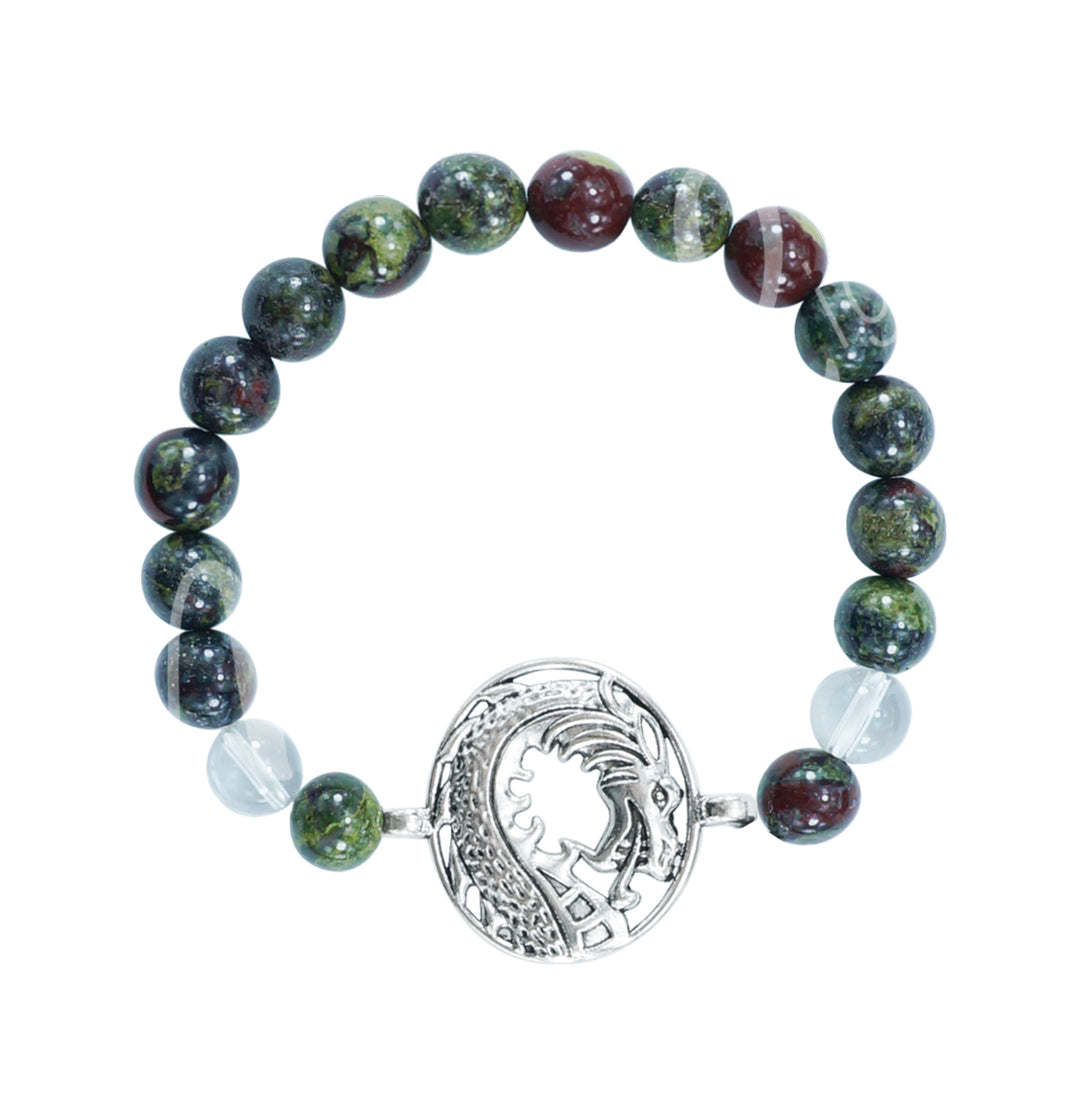 Bracelet Dragonblood Jasper & Crystal Quartz with Dragon Charm (8-8.5mm) 7.15-7.25"