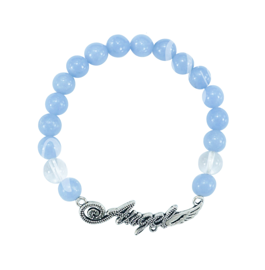 Bracelet Angelite & Crystal Quartz with Angel Charm (8-8.5mm) 7.15-7.25"