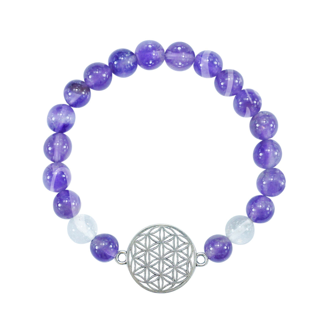 Bracelet Amethyst & Crystal Quartz with Flower of Life Charm (8-8.5mm) 7.15-7.25"