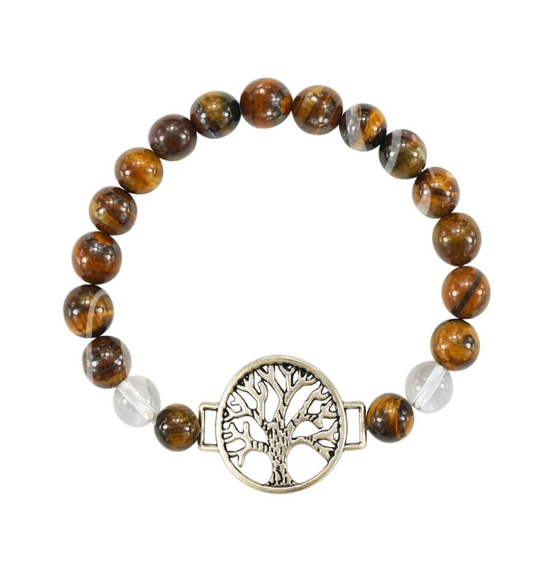 Bracelet Tiger Eye & Crystal Quartz with Tree of Life Charm (8-8.5mm) 7.15-7.25"