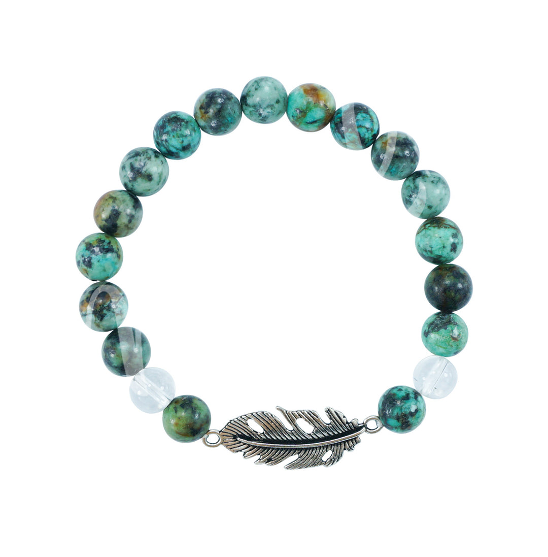 Bracelet Turquoise & Crystal Quartz with Feather Charm (8-8.5mm) 7.15-7.25"