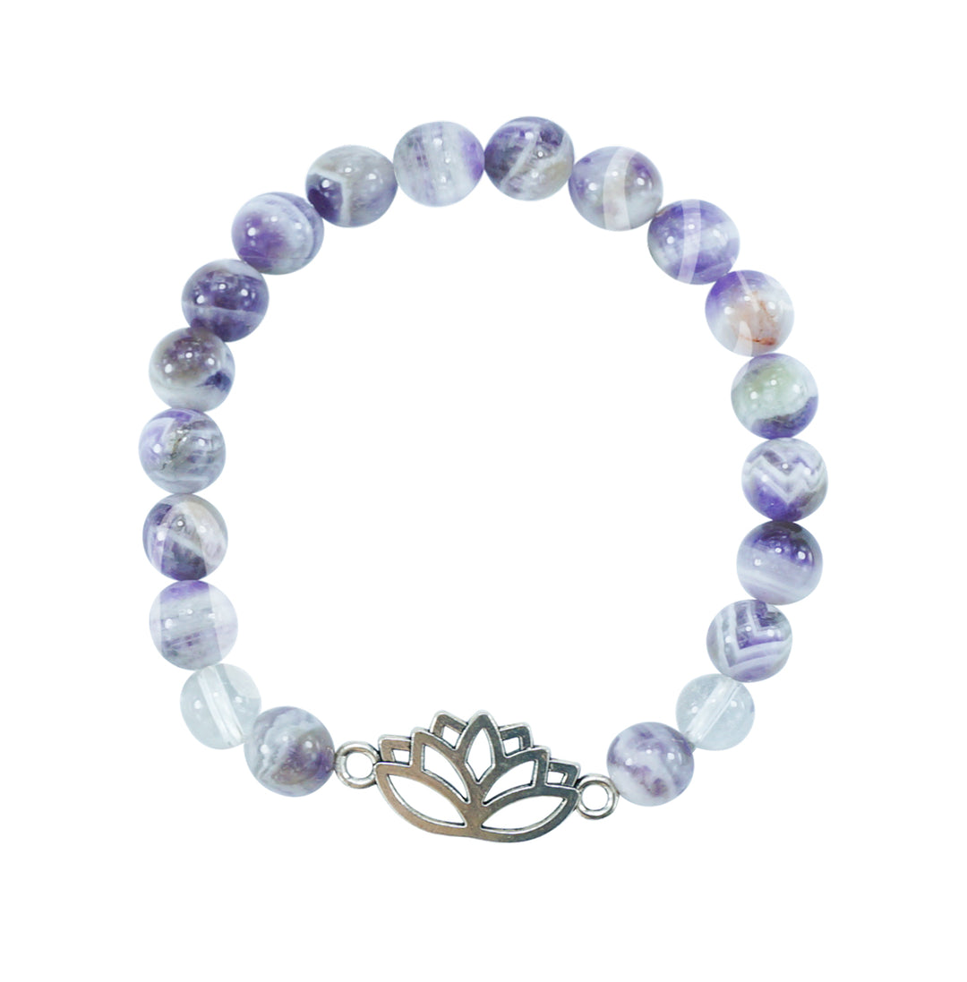 Bracelet Chevron Amethyst & Crystal Quartz with Lotus Charm (8-8.5mm) 7.15-7.25"