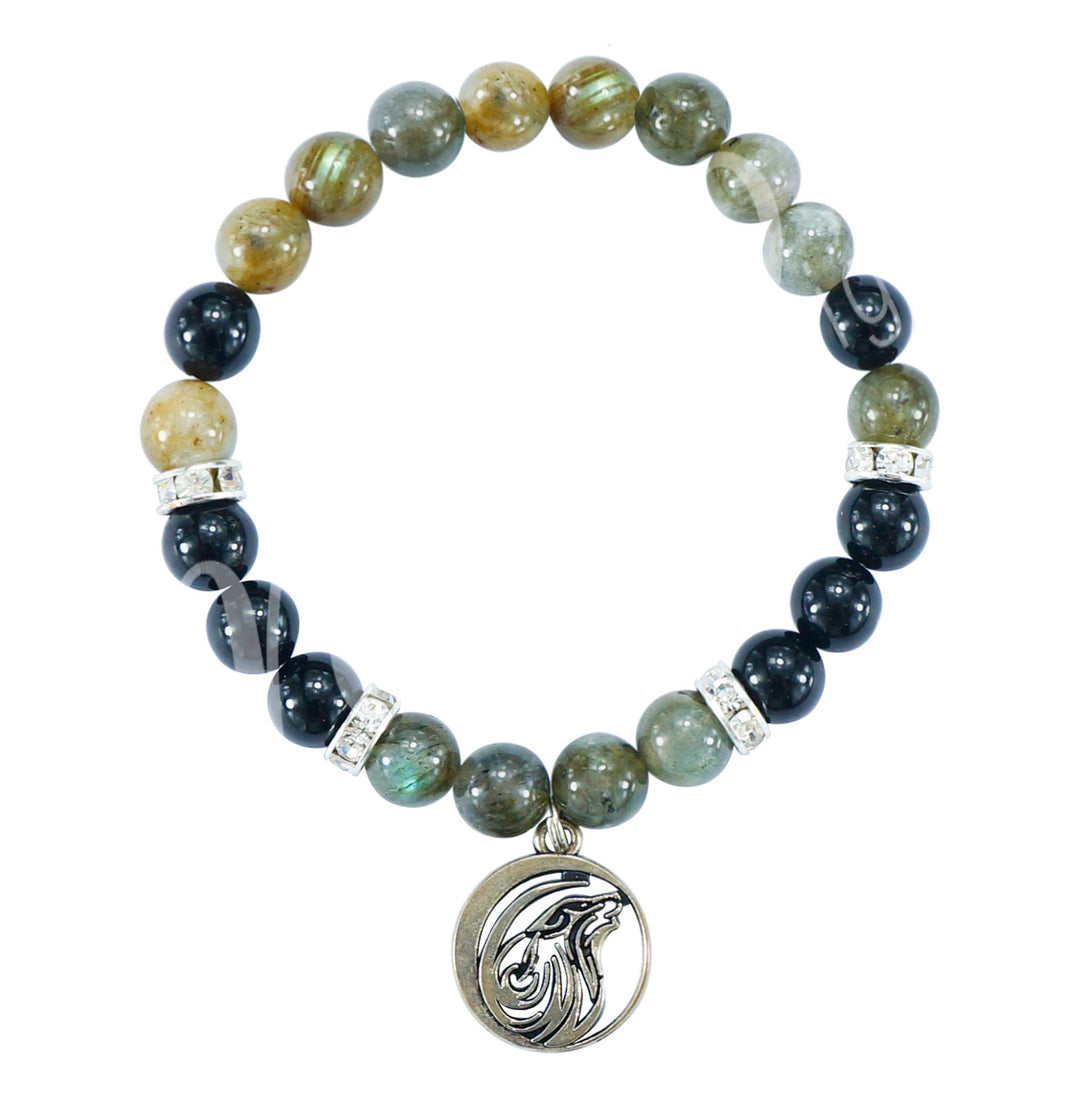 Bracelet Labradorite & Black Tourmaline with Wolf Charm (8-8.5mm) 7.15-7.25"