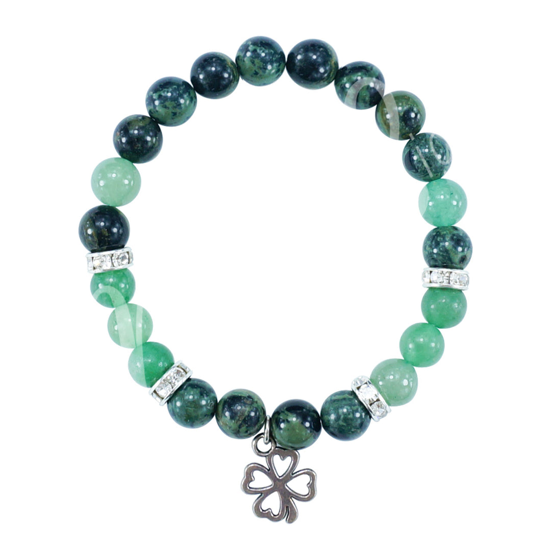 Bracelet Kambaba Jasper & Green Aventurine with Lucky Clover Charm (8-8.5mm) 7.15-7.25"