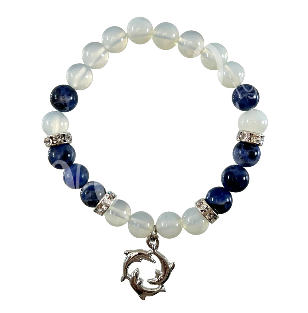 Bracelet Opalite & Sodalite with Dolphin Charm (8-8.5mm) 7.15-7.25"