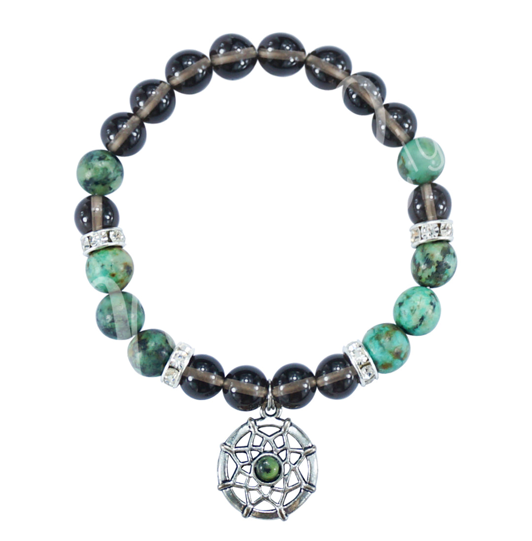 Bracelet Smoky Quartz & African Turquoise with Dreamcatcher Charm (8-8.5mm) 7.15-7.25"