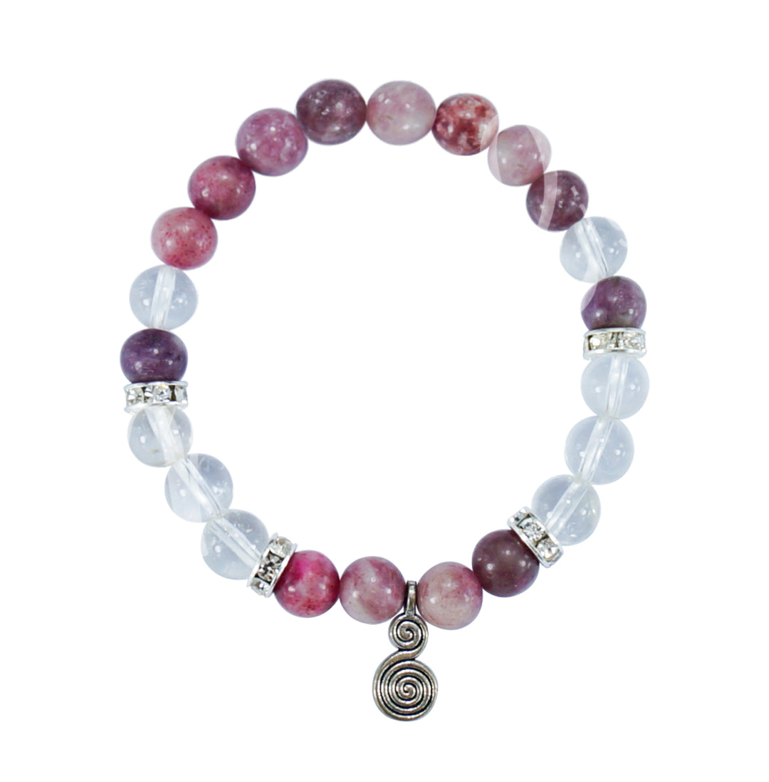 Bracelet Lepidolite & Crystal Quartz with Double Spiral Charm (8-8.5mm) 7.15-7.25"