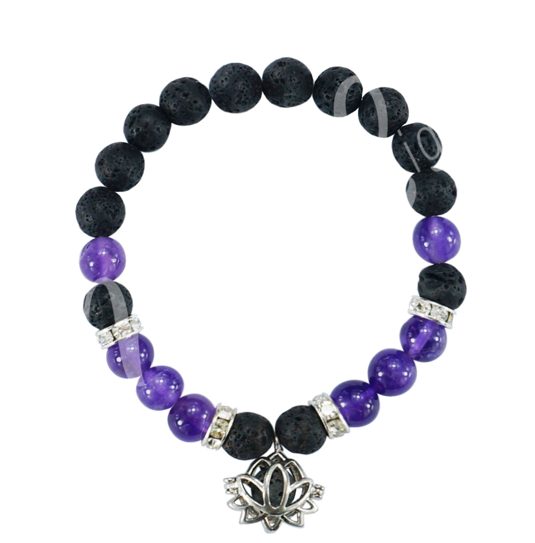 Bracelet Lava & Amethyst with Lotus Aromatherapy Charm (8-8.5mm) 7.15-7.25"