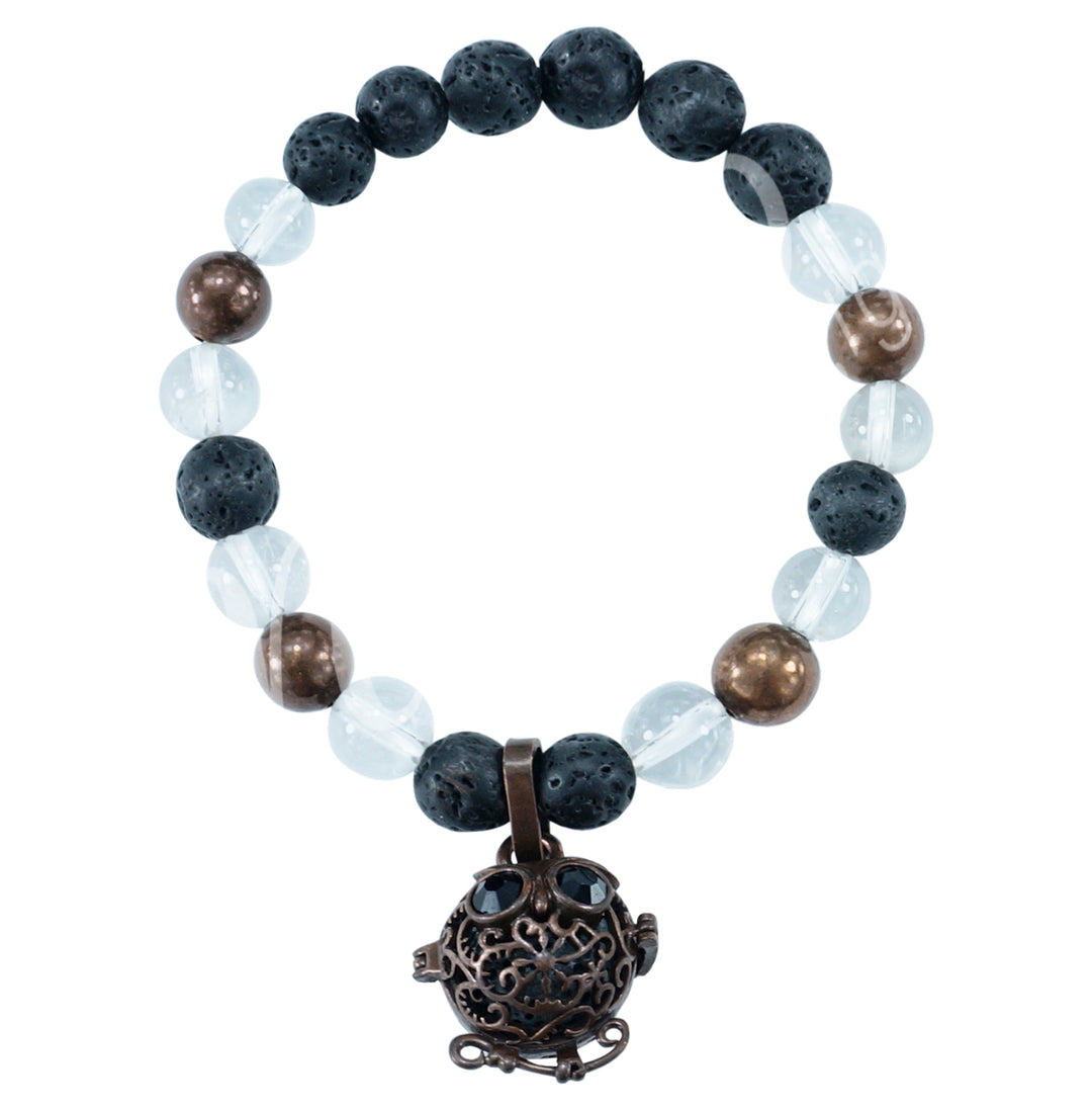 Bracelet Lava, Crystal Quartz & Copper with Owl Charm (8-8.5mm) 7.15-7.25"