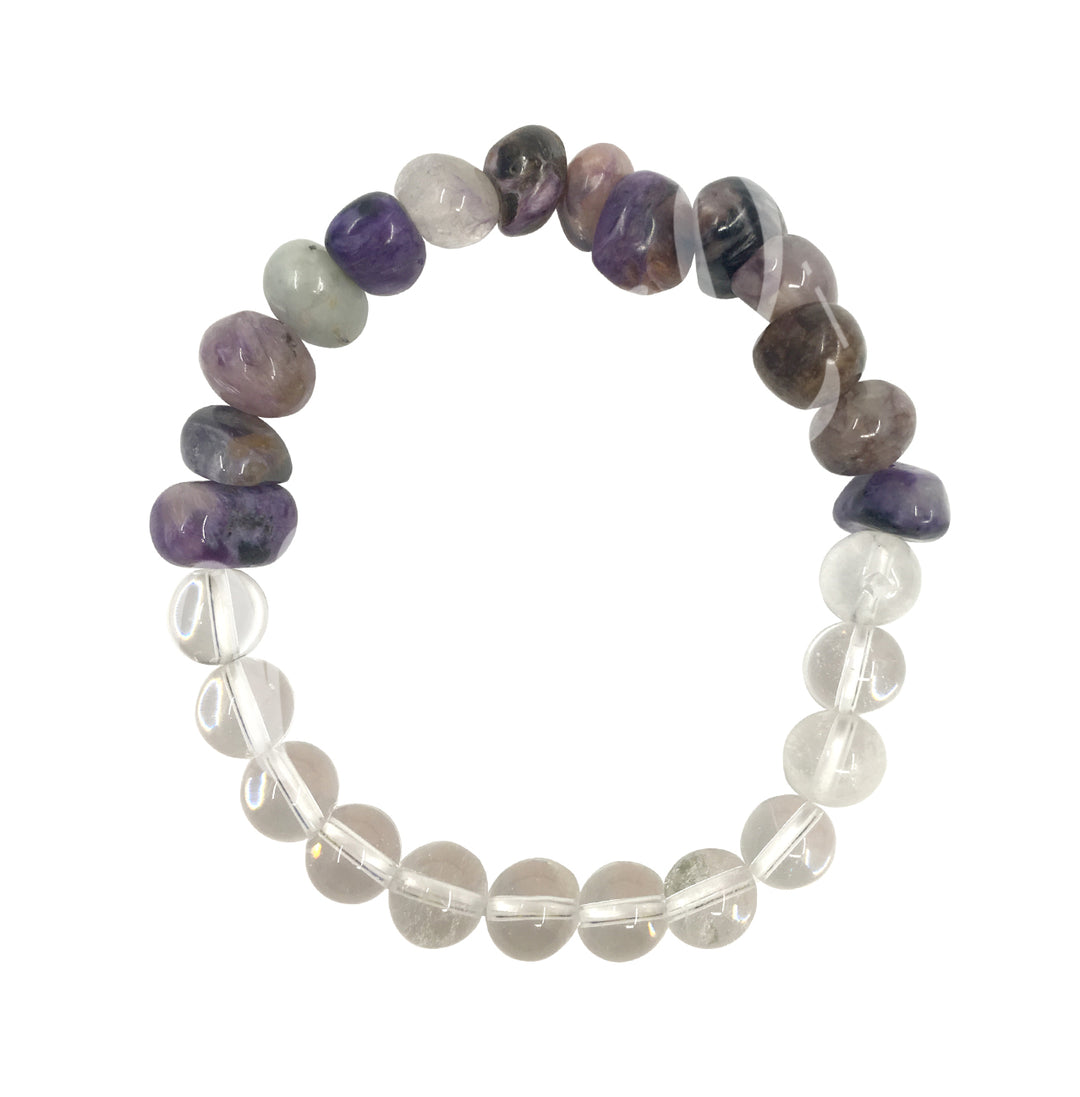 Bracelet Half Crystal Quartz (8mm) & Half Charoite Nuggets 7.45-7.5"