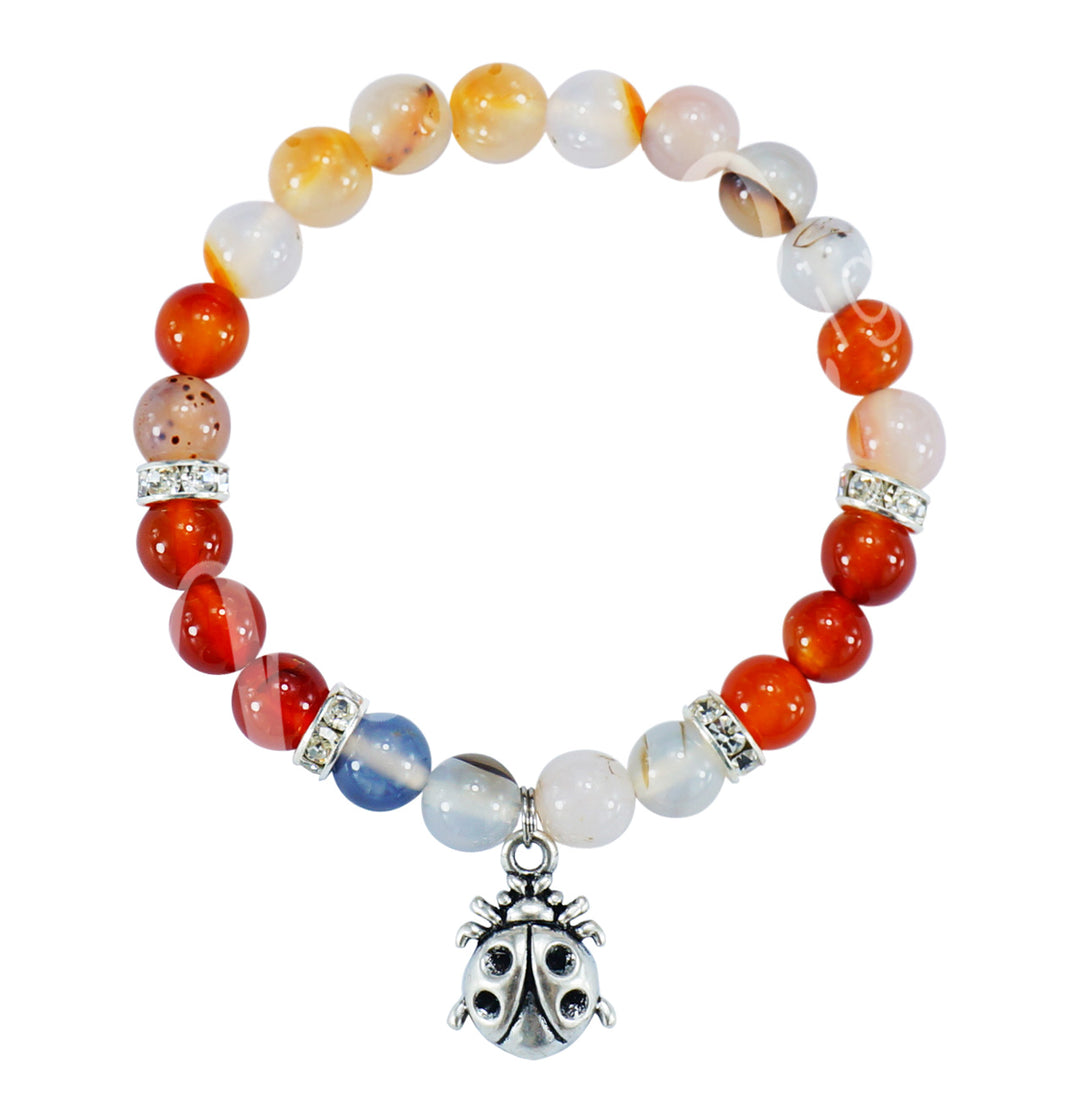 Bracelet Dendritic Agate & Carnelian with Ladybug Charm (8-8.5mm) 7.15-7.25"