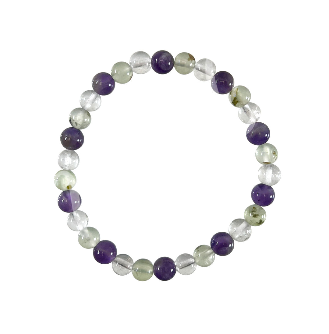 Bracelet Amethyst, Prehnite & Crystal Quartz (6mm) 7.15-7.25"