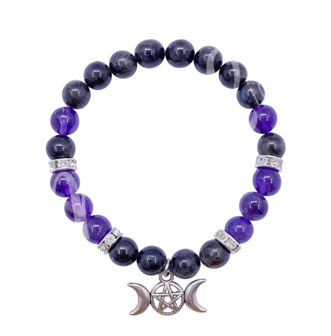 Bracelet Nuummite & Amethyst w Triple Moon Charm (8-8.5mm) 7.15-7.25"