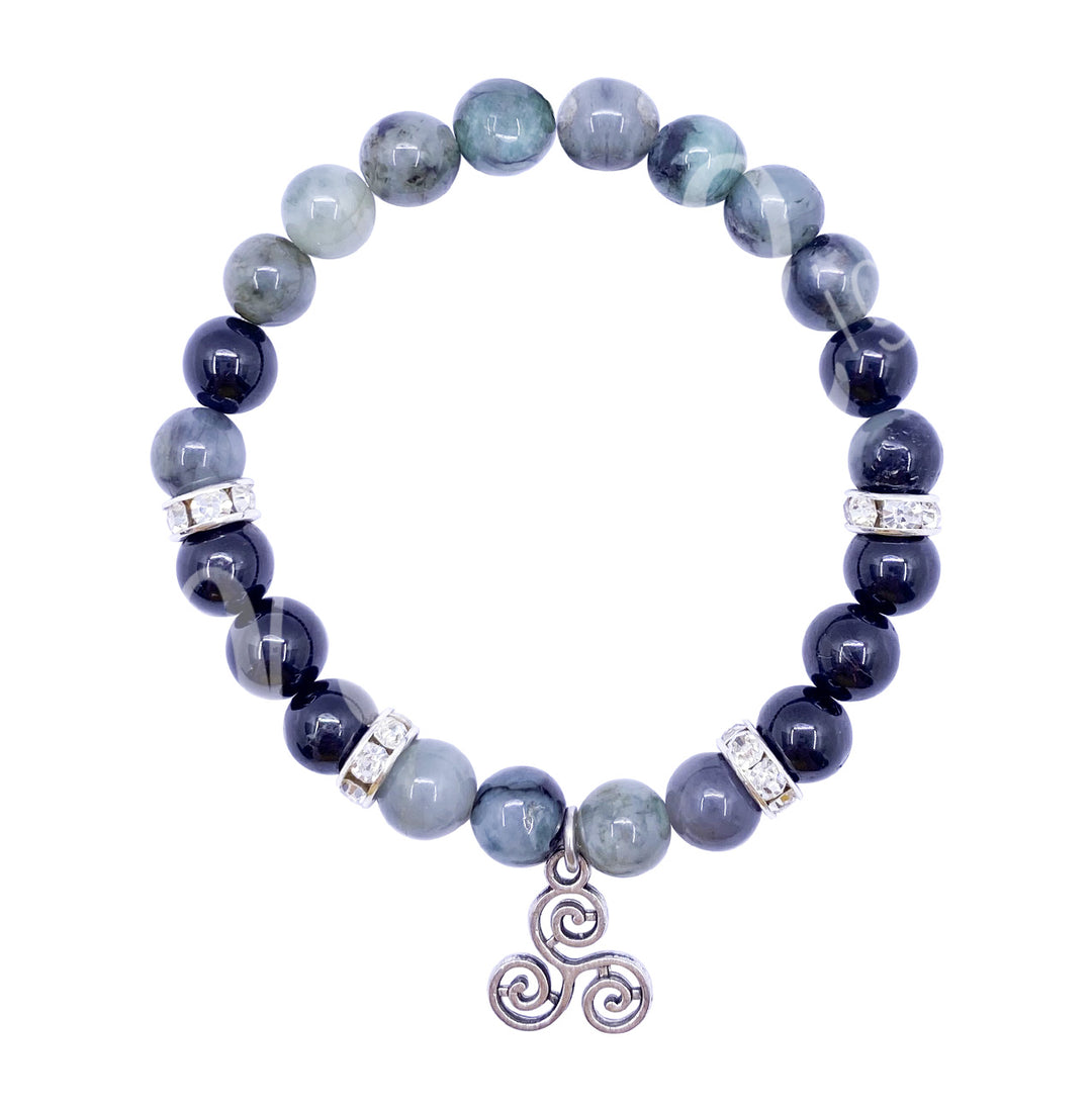Bracelet Emerald & Black Tourmaline with Triple Spiral Charm (8-8.5mm) 7.15-7.25"