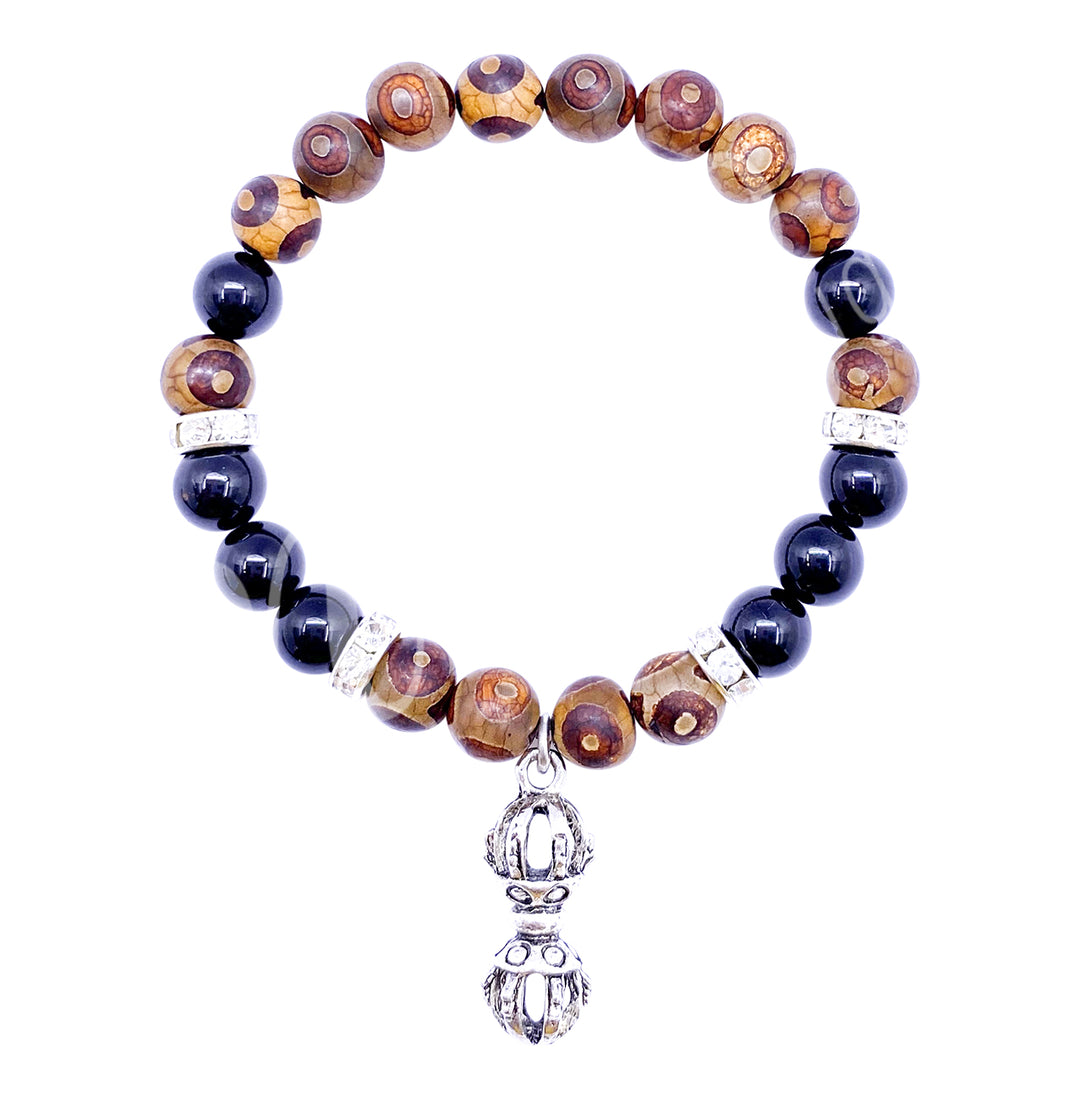 Bracelet Tibetan Agate & Black Tourmaline with Dorje Charm (8-8.5mm) 7.15-7.25"