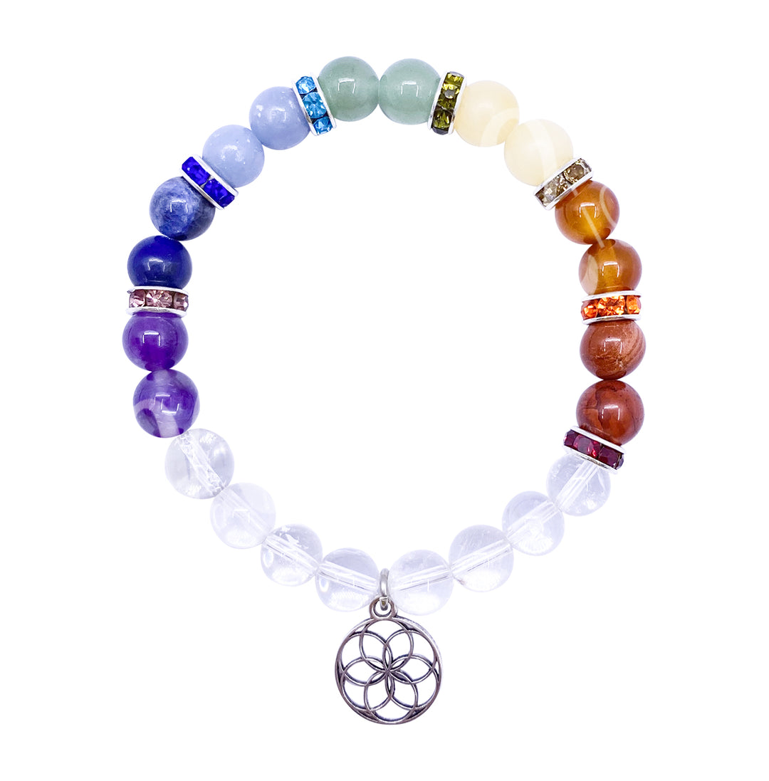 Bracelet Chakra & Crystal Quartz with Seed of Life Charm (8-8.5mm) 7.15-7.25"
