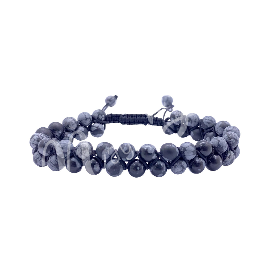 Bracelet Double Row Adjustable Snowflake Obsidian (6mm) 6.75-10.25"