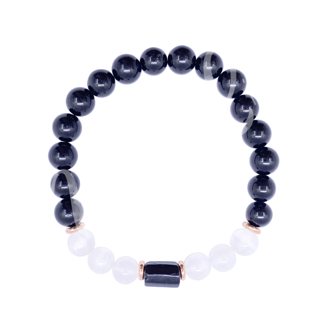 Bracelet Black Tourmaline & Selenite with Black Tourmaline Cylinder (8-8.5mm) 7.15-7.25"