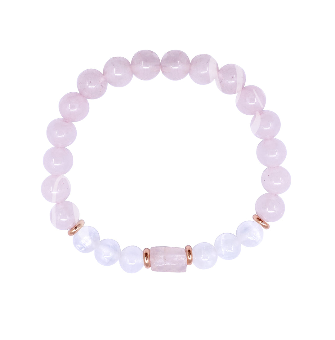 Bracelet Rose Quartz & Selenite with Rose Quartz Cylinder (8-8.5mm) 7.15-7.25"