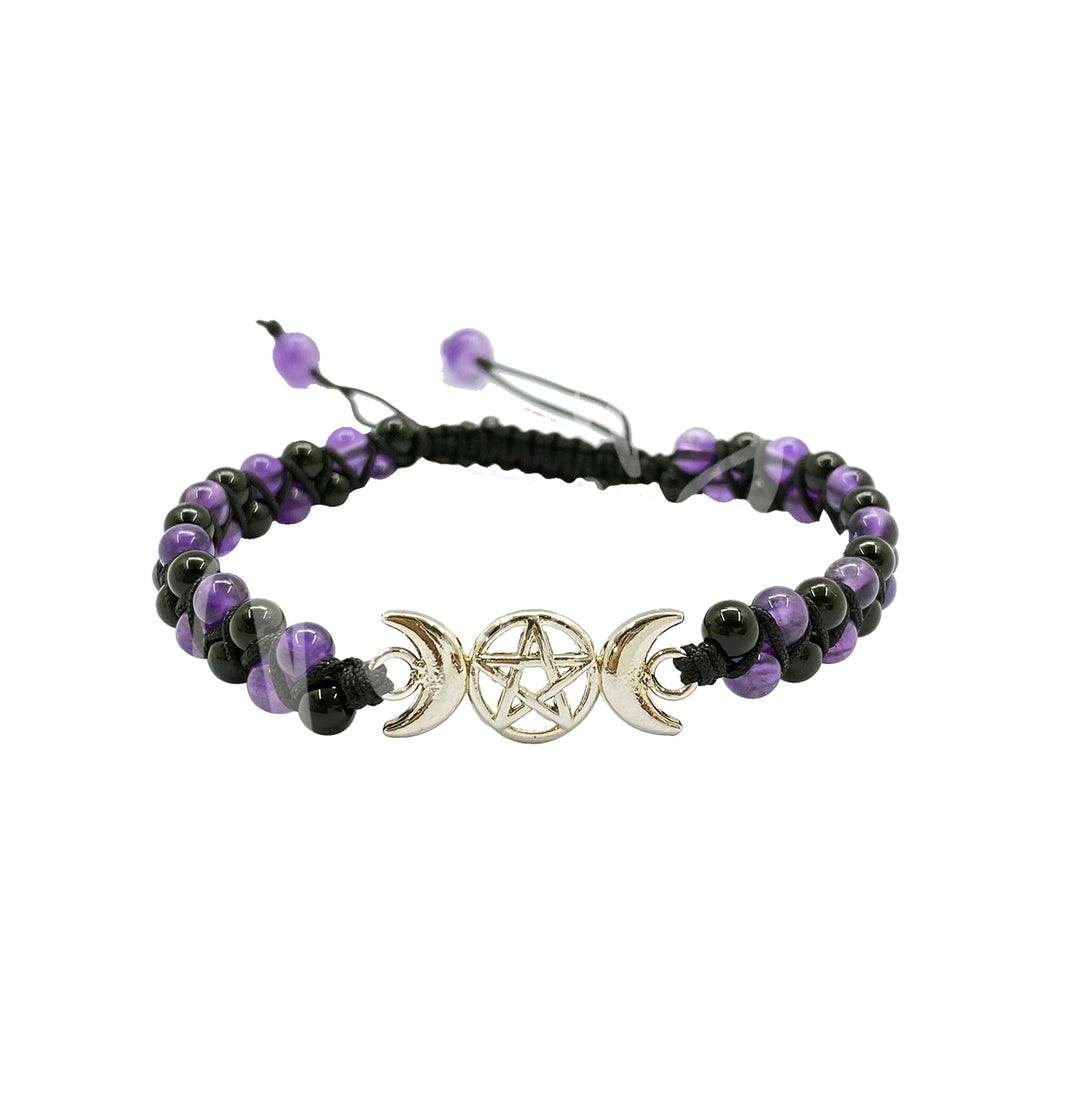 Pulsera Ajustable de Doble Fila con Amuleto de Triple Luna, Ágata Negra y Amatista (4mm) 6.7-8.65″