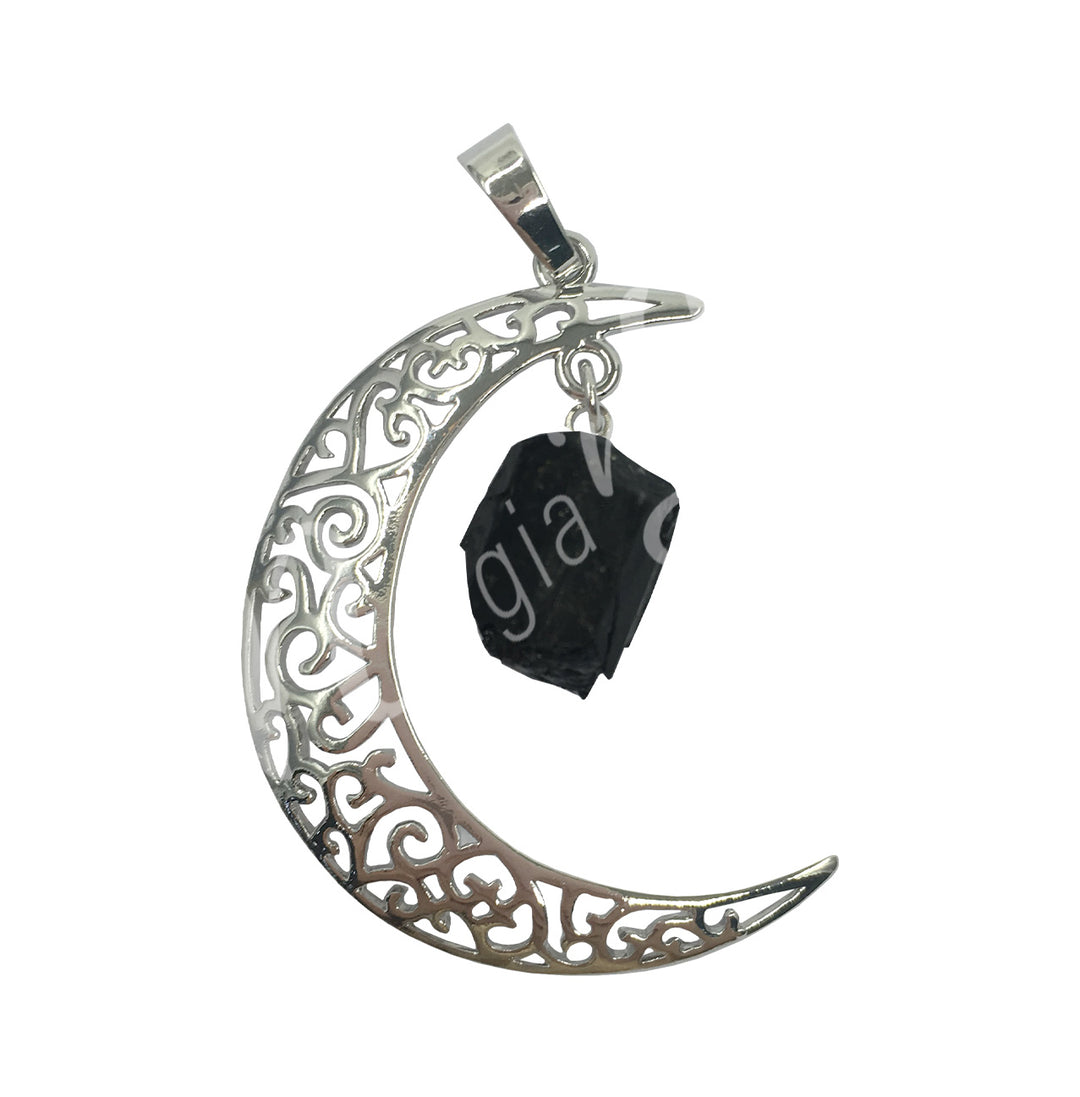 Pendant Moon with Hanging Black Tourmaline 1.5"