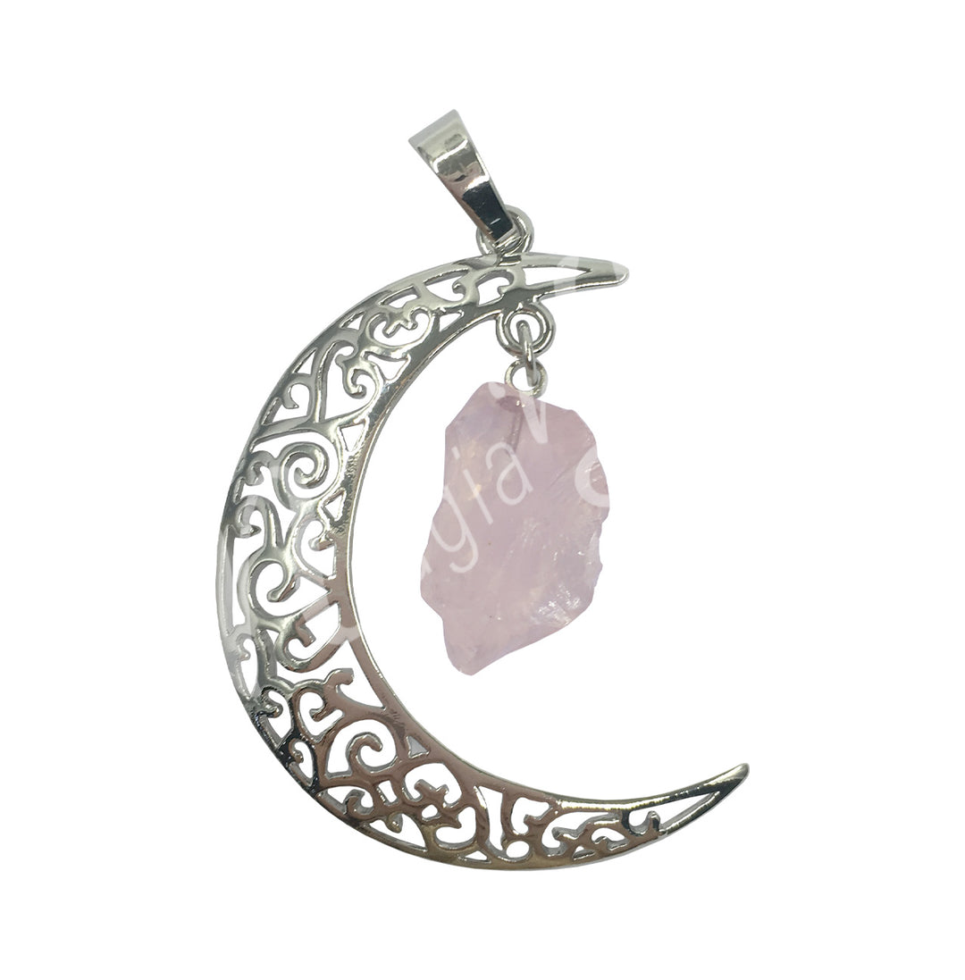 Pendant Moon with Hanging Rose Quartz 1.25″
