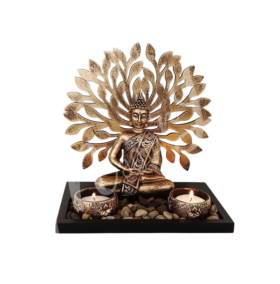 A resin tealight holder featuring the deity Buddha seated before a Tree of Life, with two tealight spaces at the front.