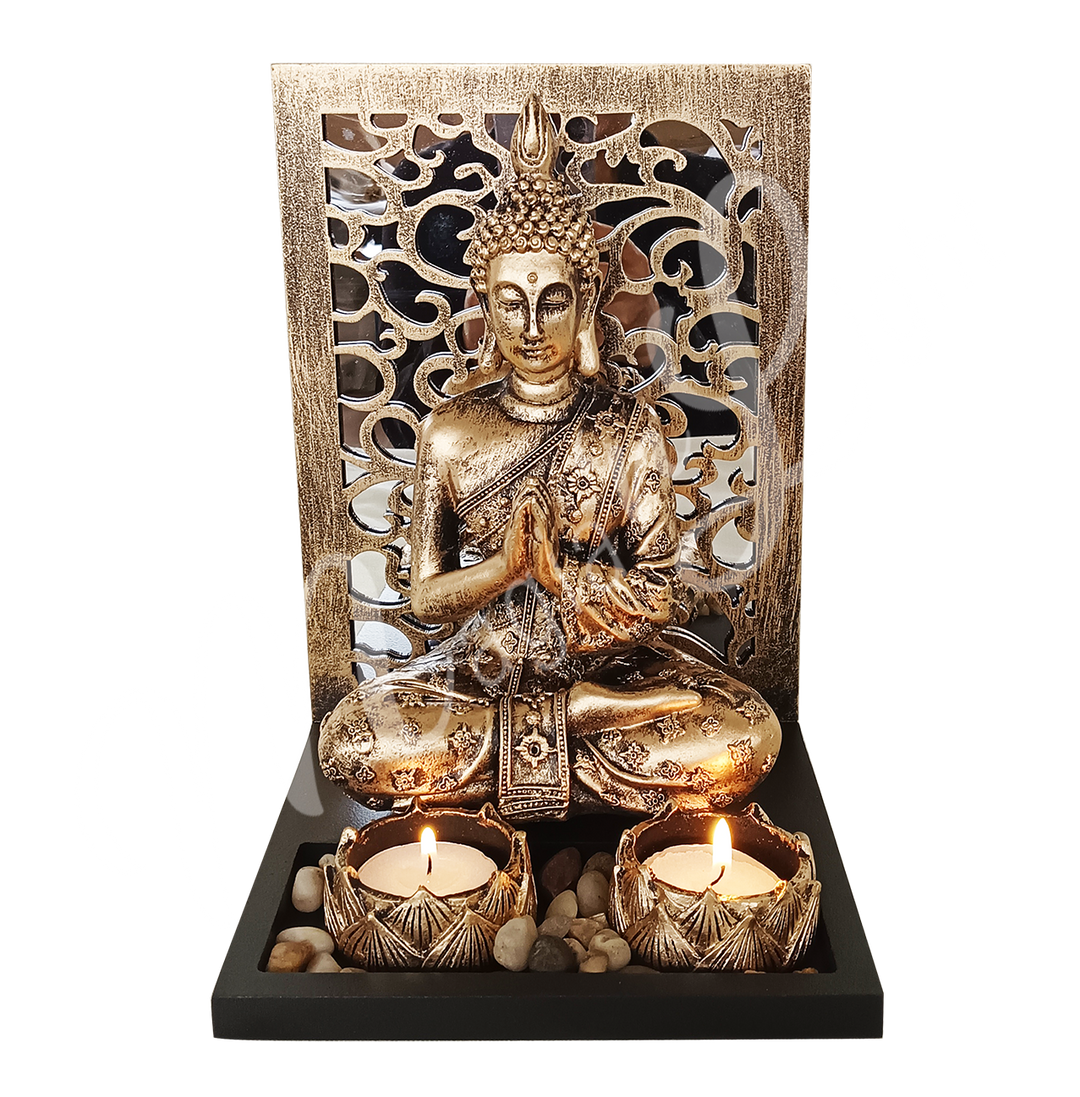 A resin tealight holder featuring a seated Buddha, with two tealight spaces at the front.