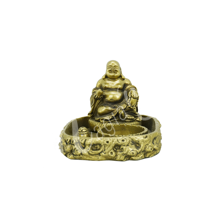A rectangular gold-colored tealight and incense holder made of resin, featuring a happy Buddha with tealight and incense spaces at the front.