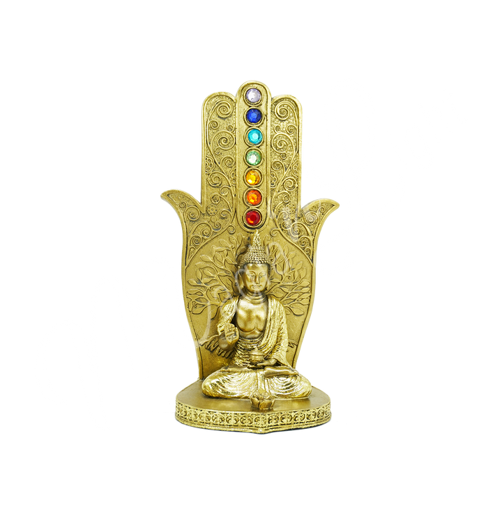 Incense Holder Gold Buddha on Hand w Chakras