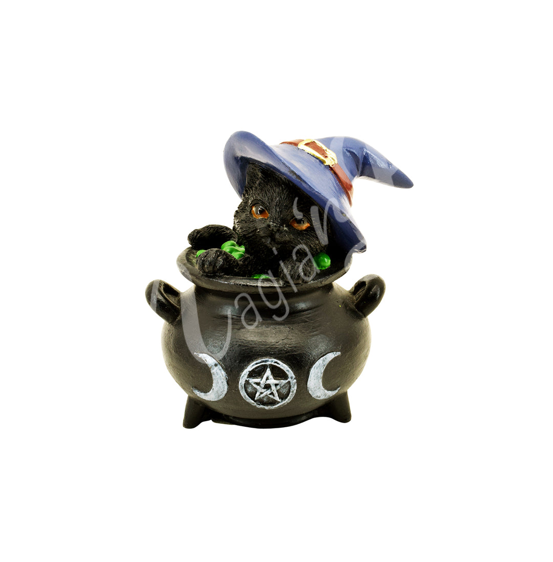 A statue of a black cat wearing a witch hat, sitting in a cauldron. On the cauldron features a triple moon with a pentacle at its center.