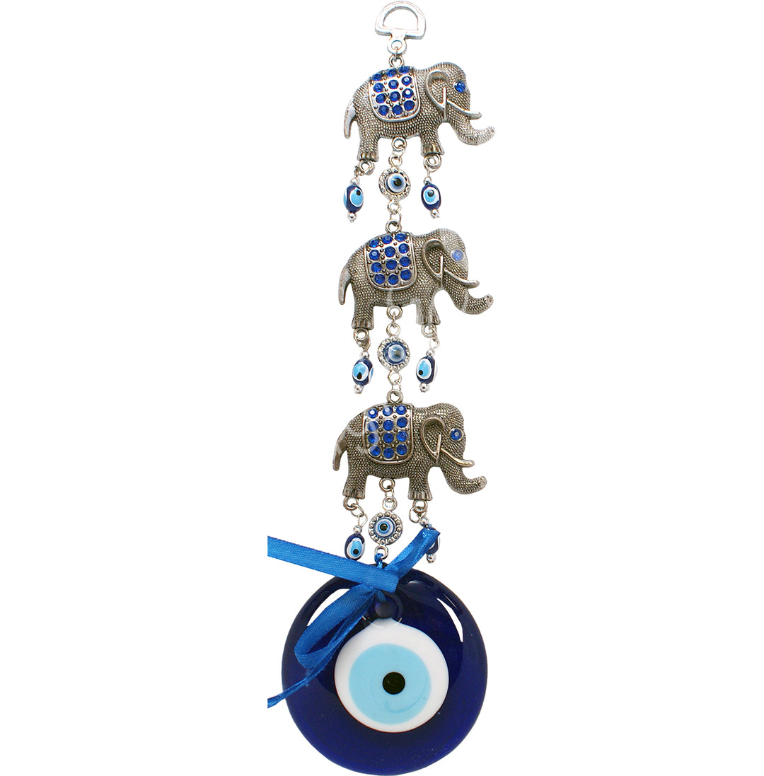 Hanging Evil Eye & 3 Elephants 12"L