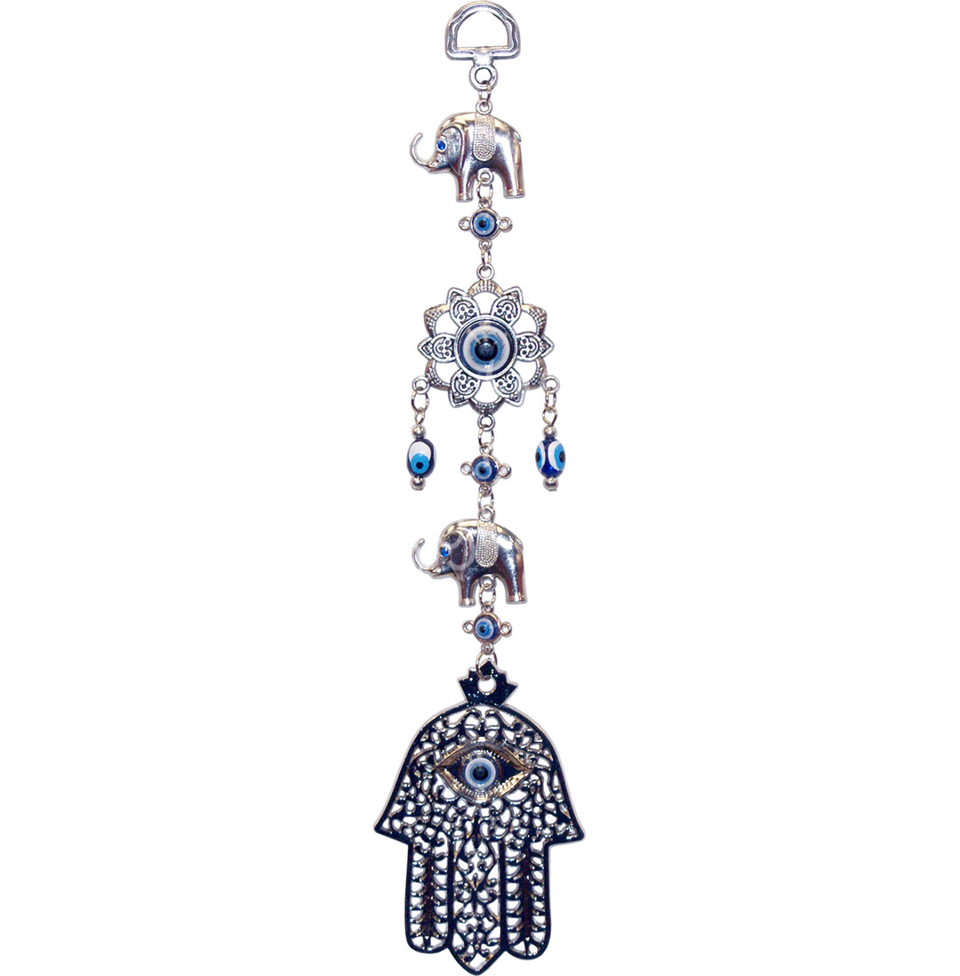 Hanging Hand of Fatima w Evil Eye Beads 2 Elephants & 1 Flower 10.5″L