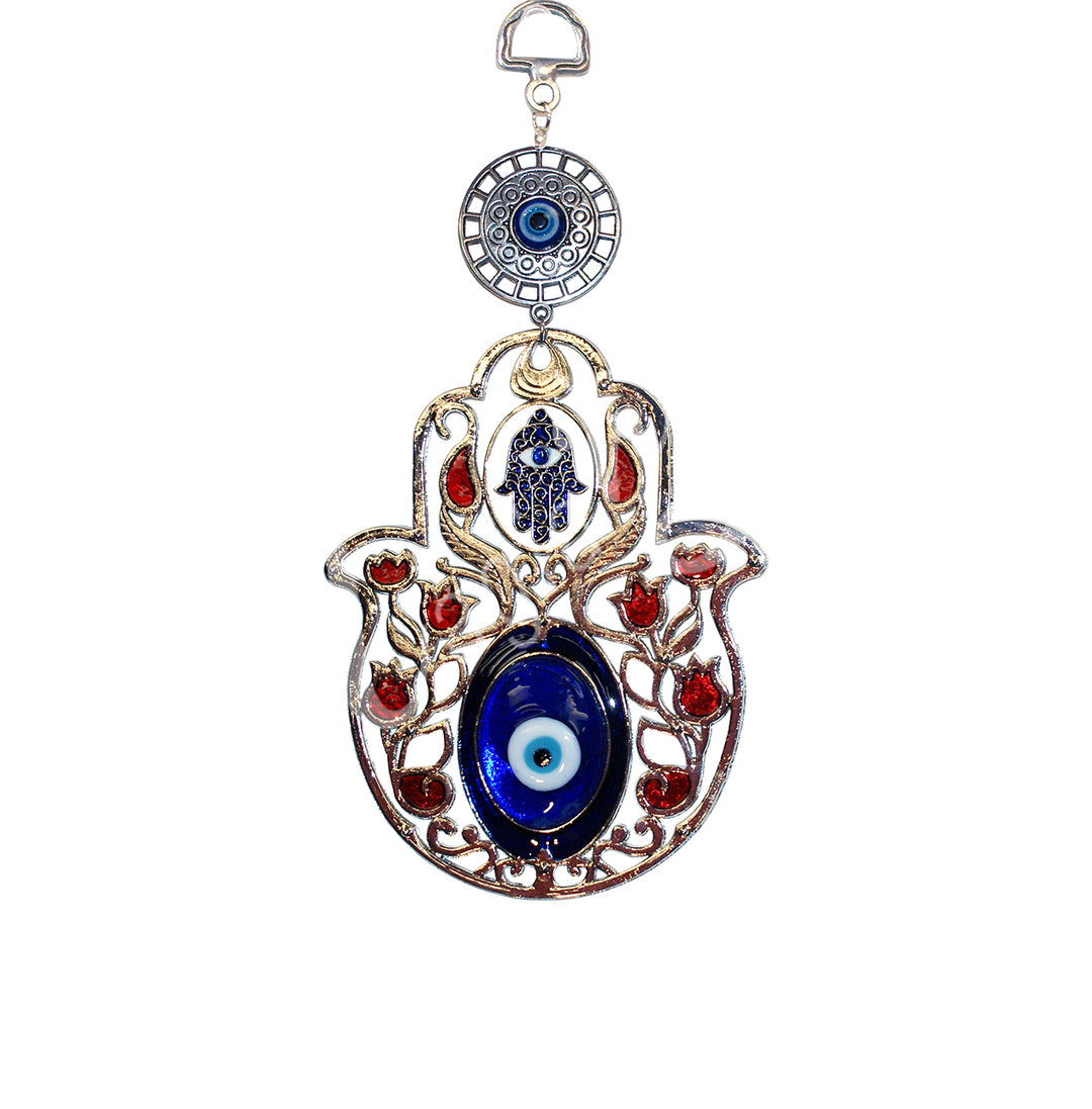 Hanging Hand of Fatima w Evil Eye Beads & Red Flowers 7.5-8″L