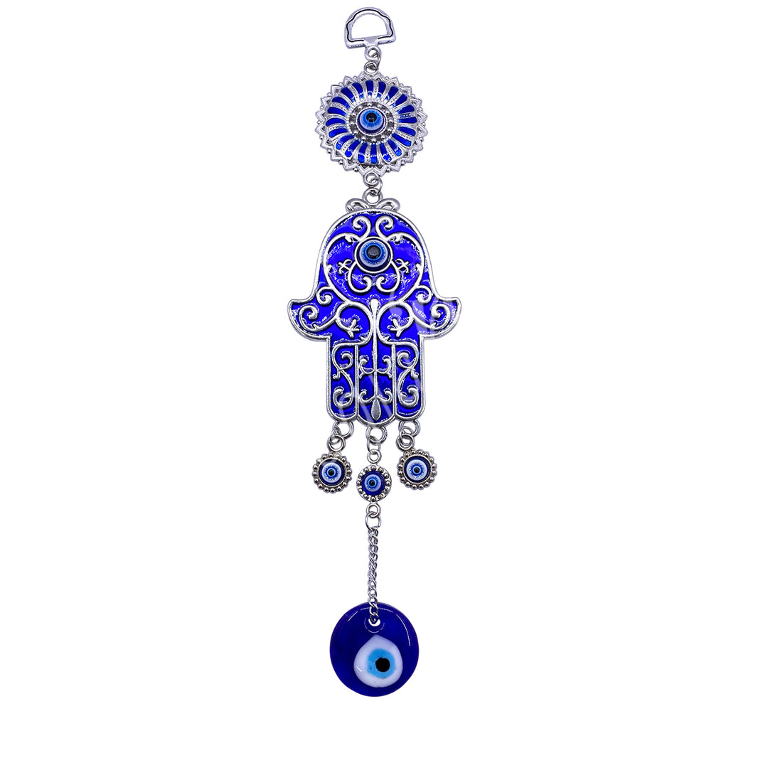 Hanging Blue Hand of Fatima with Evil Eye Beads 10-10.25″L