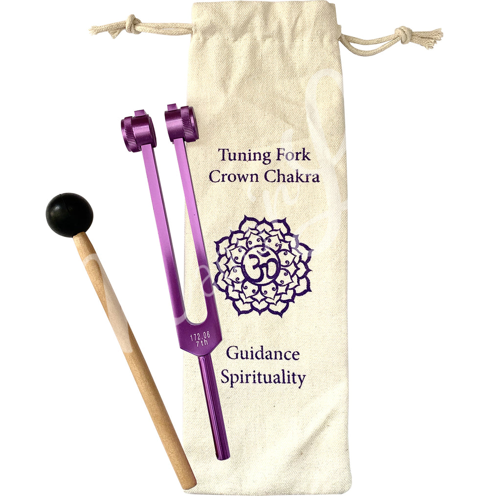 A Crown Chakra tuning fork set. The set includes:
Purple tuning fork labeled "CROWN."
Wooden mallet with a black rubber head for striking the tuning fork.
Drawstring pouch with the following printed on it:
"Tuning Fork Crown Chakra"
A symbol representing the Crown Chakra.
Words "Guidance" and "Spirituality."