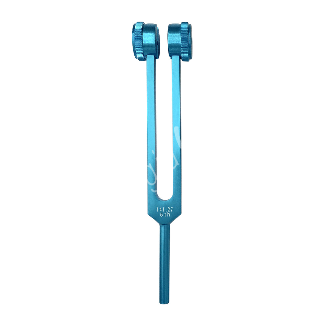 A light blue tuning fork with the words "THROAT" engraved on it. It has two prongs with adjustable weights at the top, which are used to modify the vibration frequency.