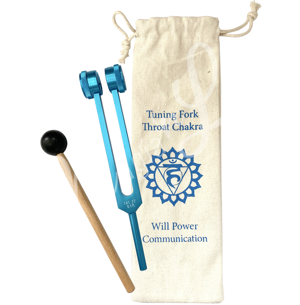 A Throat Chakra tuning fork set. The set includes:
Light blue tuning fork labeled "THROAT."
Wooden mallet with a black rubber head for striking the tuning fork.
Drawstring pouch with the following printed on it:
"Tuning Fork Throat Chakra"
A symbol representing the Throat Chakra.
Words "Will Power" and "Communication."