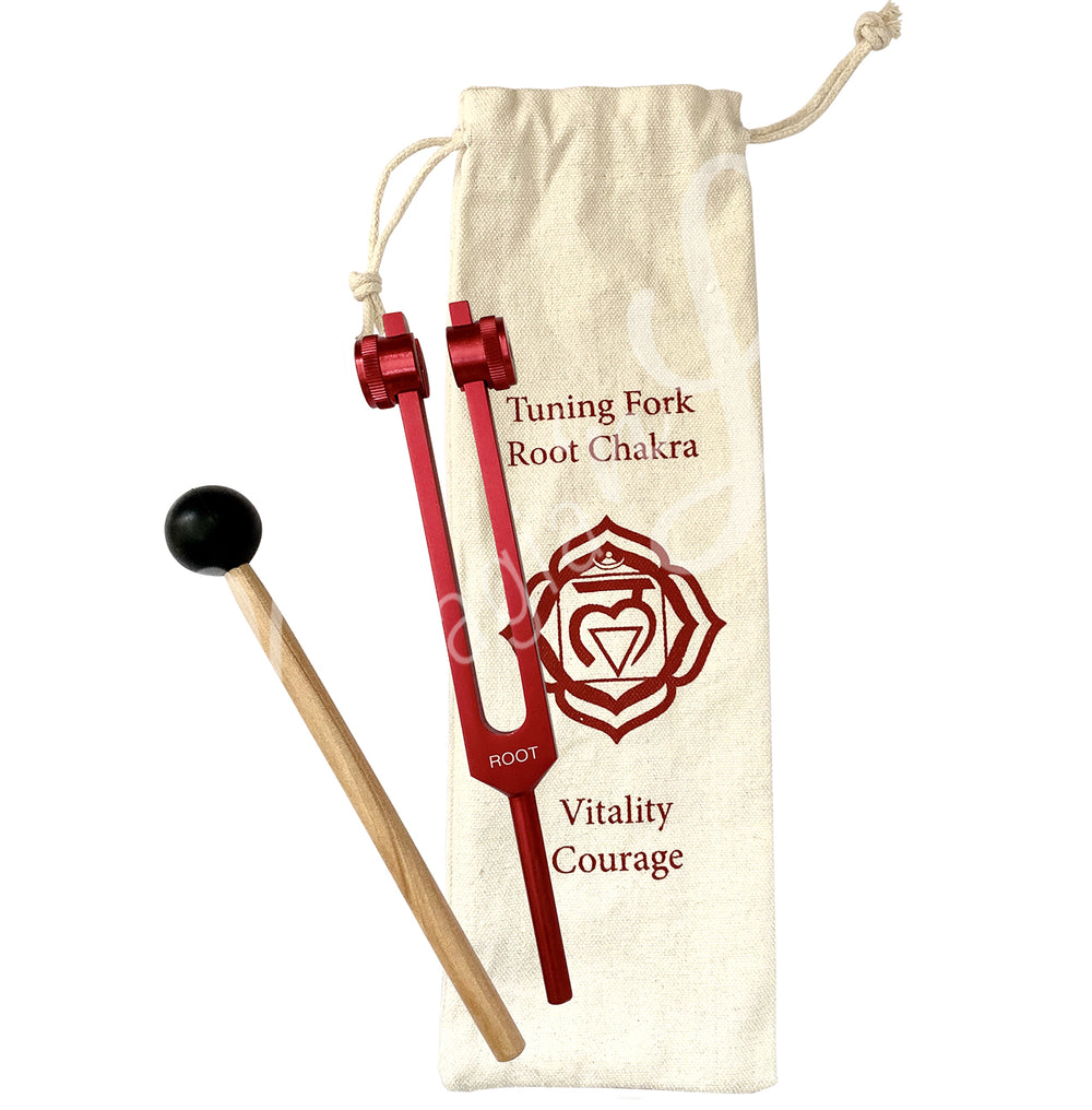 A Root Chakra tuning fork set. The set includes:
Red tuning fork labeled "ROOT."
Wooden mallet with a black rubber head for striking the tuning fork.
Drawstring pouch with the following printed on it:
"Tuning Fork Root Chakra"
A symbol representing the Root Chakra.
Words "Vitality" and "Courage."