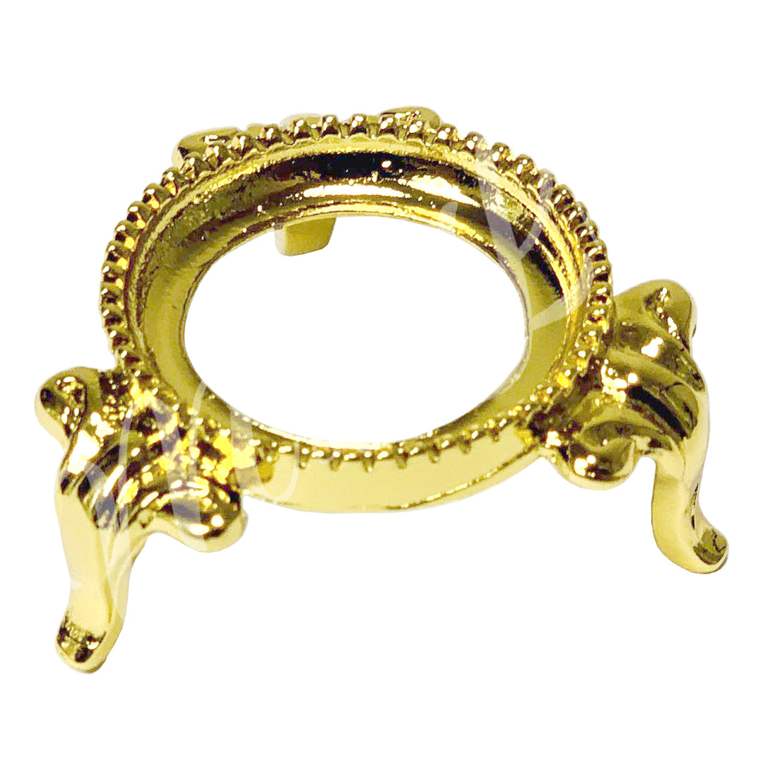 A gold-colored metal stans for spheres.