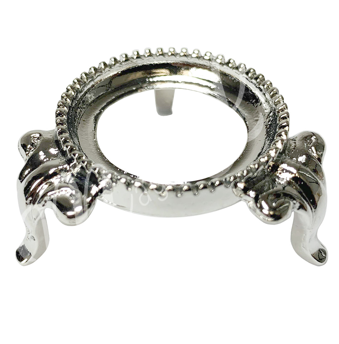 A silver-colored metal stand for spheres.