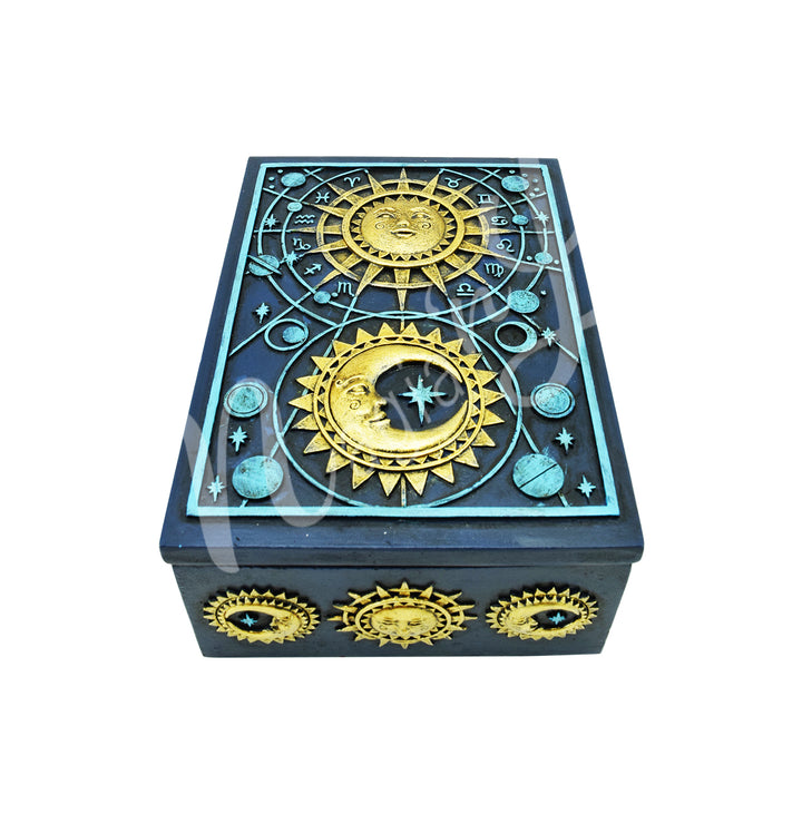 A navy blue box made of resin, adorned with celestial symbol.