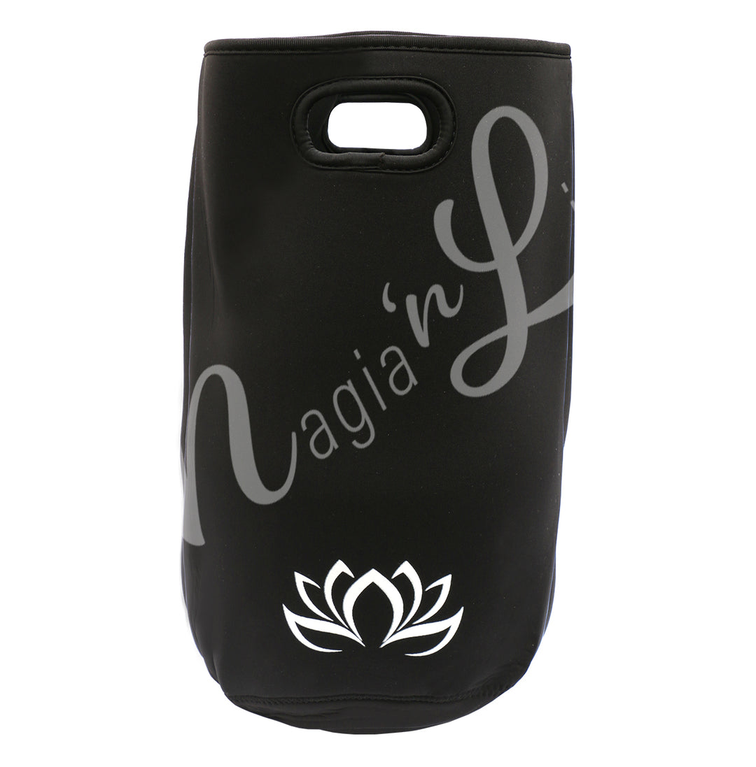 Black singing bowl bag with a small oval cutout handle and a white lotus flower design near the bottom.