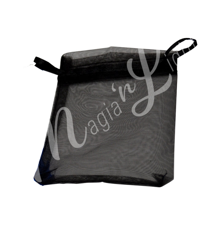 A black organza bag.