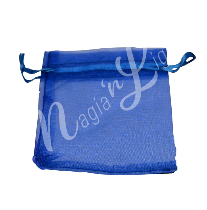 A blue organza bag.