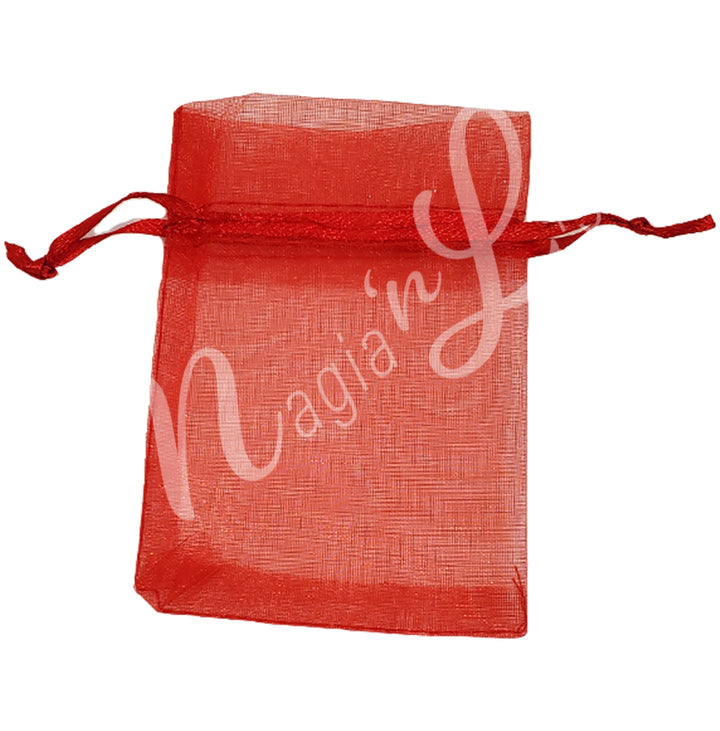 A red organza bag.