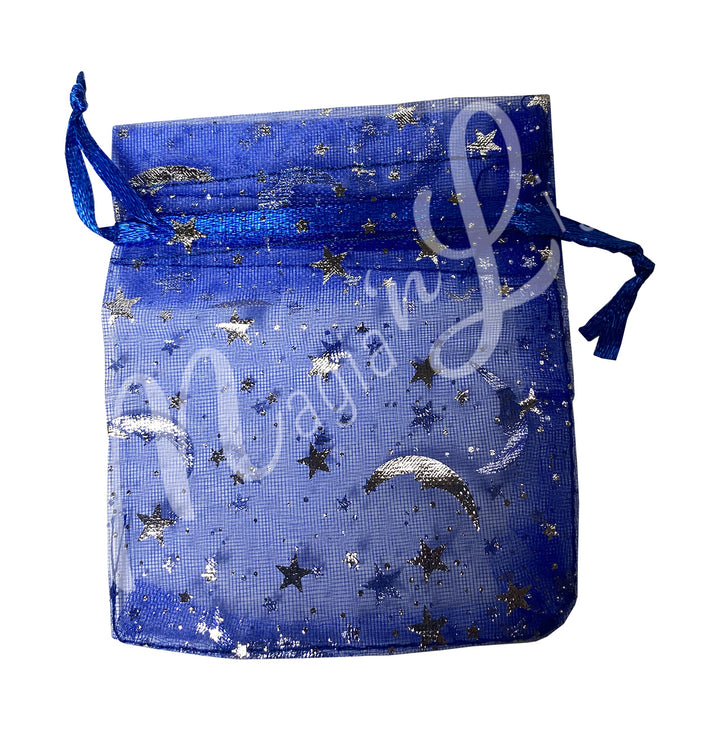 A blue organza bag, featuring a printed celestial design.