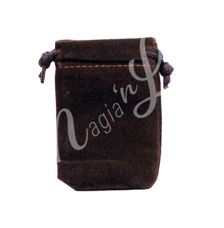 A brown velvet square pouch with drawstring.